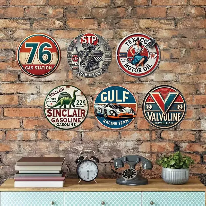 Vintage Gas Station Metal Sign - Retro Garage Wall Decor (76, Sinclair, STP, Gulf, Valvoline)