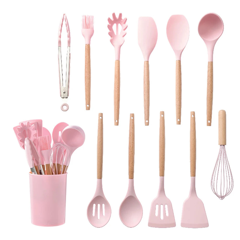 Silicone Cooking Utensils Set with Wooden Handles (12-Piece)