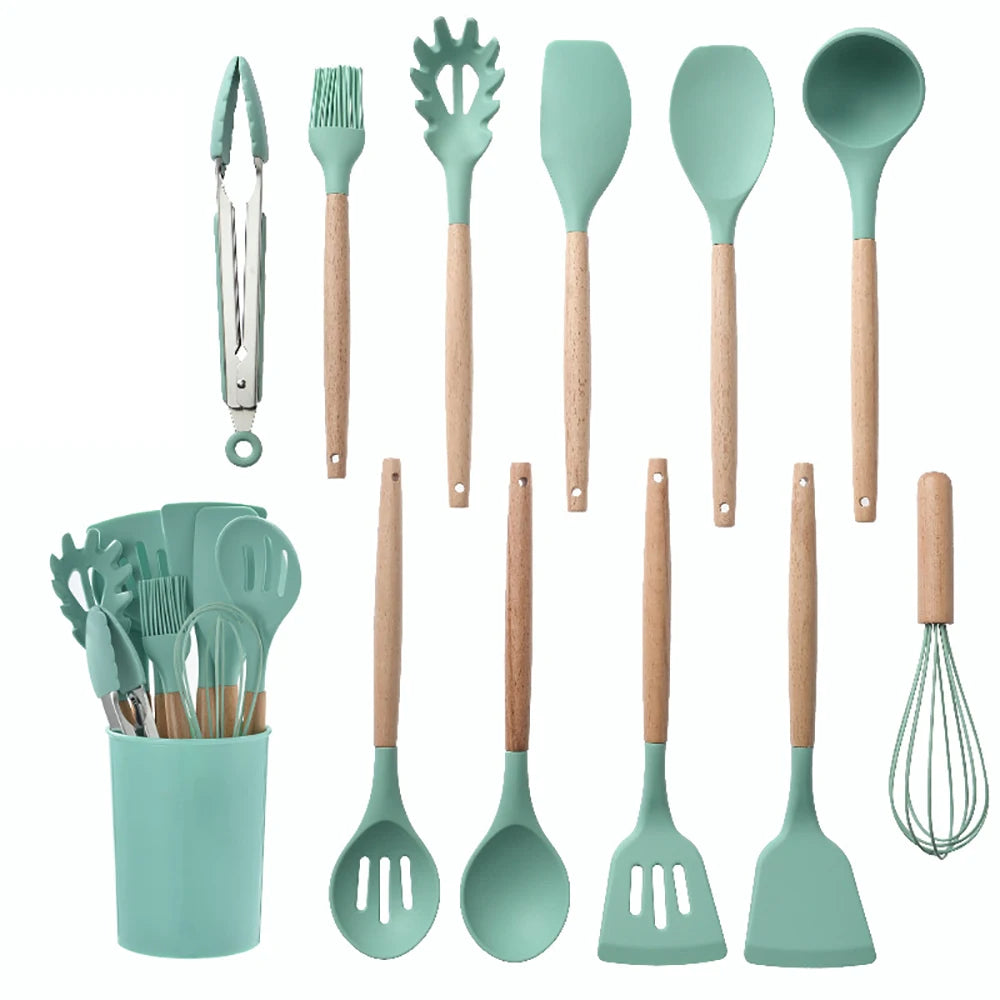 Silicone Cooking Utensils Set with Wooden Handles (12-Piece)