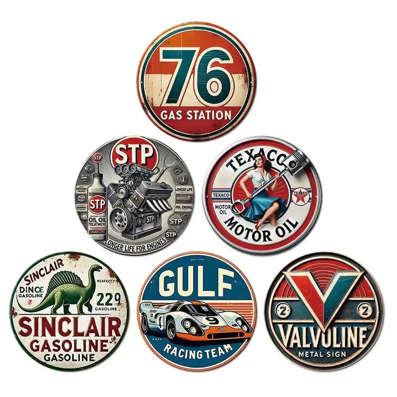 Vintage Gas Station Metal Sign - Retro Garage Wall Decor (76, Sinclair, STP, Gulf, Valvoline)