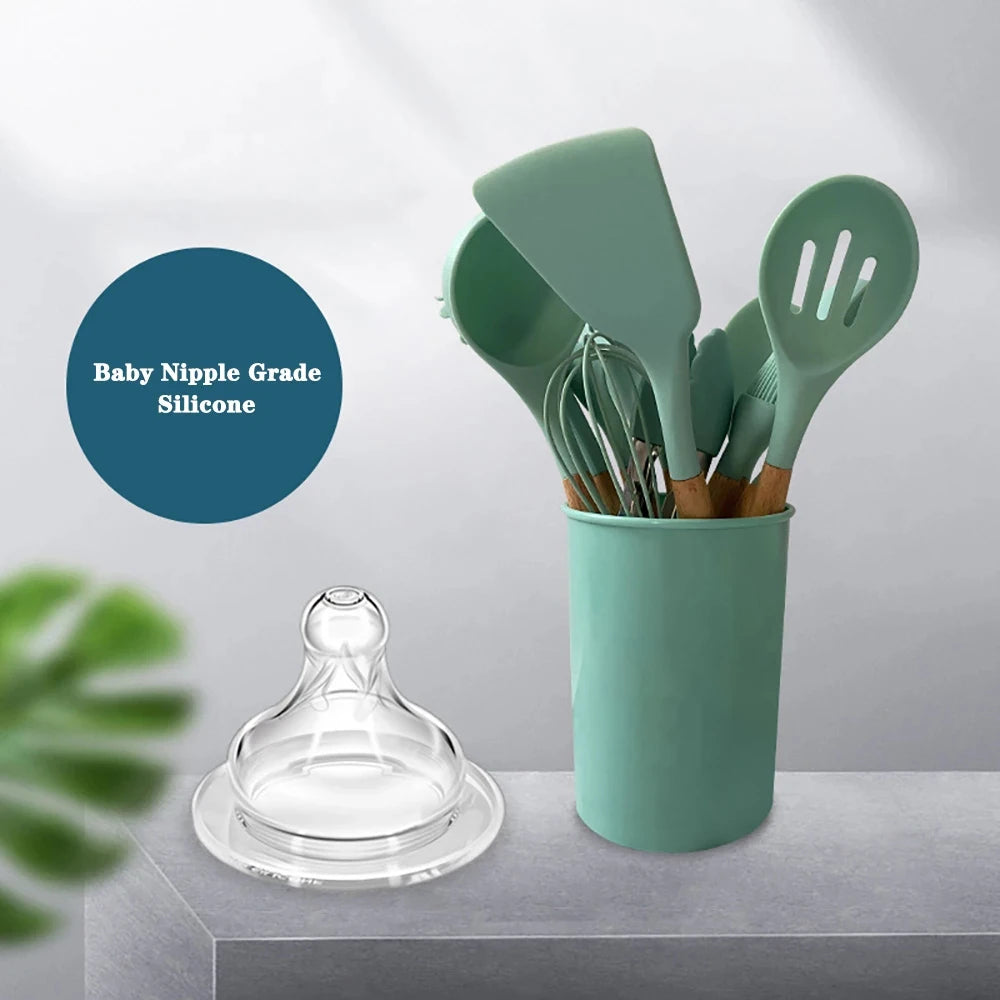 Silicone Cooking Utensils Set with Wooden Handles (12-Piece)