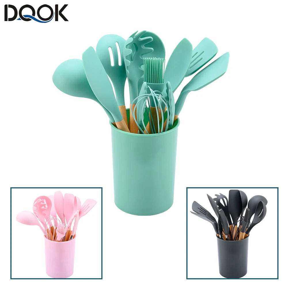 Silicone Cooking Utensils Set with Wooden Handles (12-Piece)