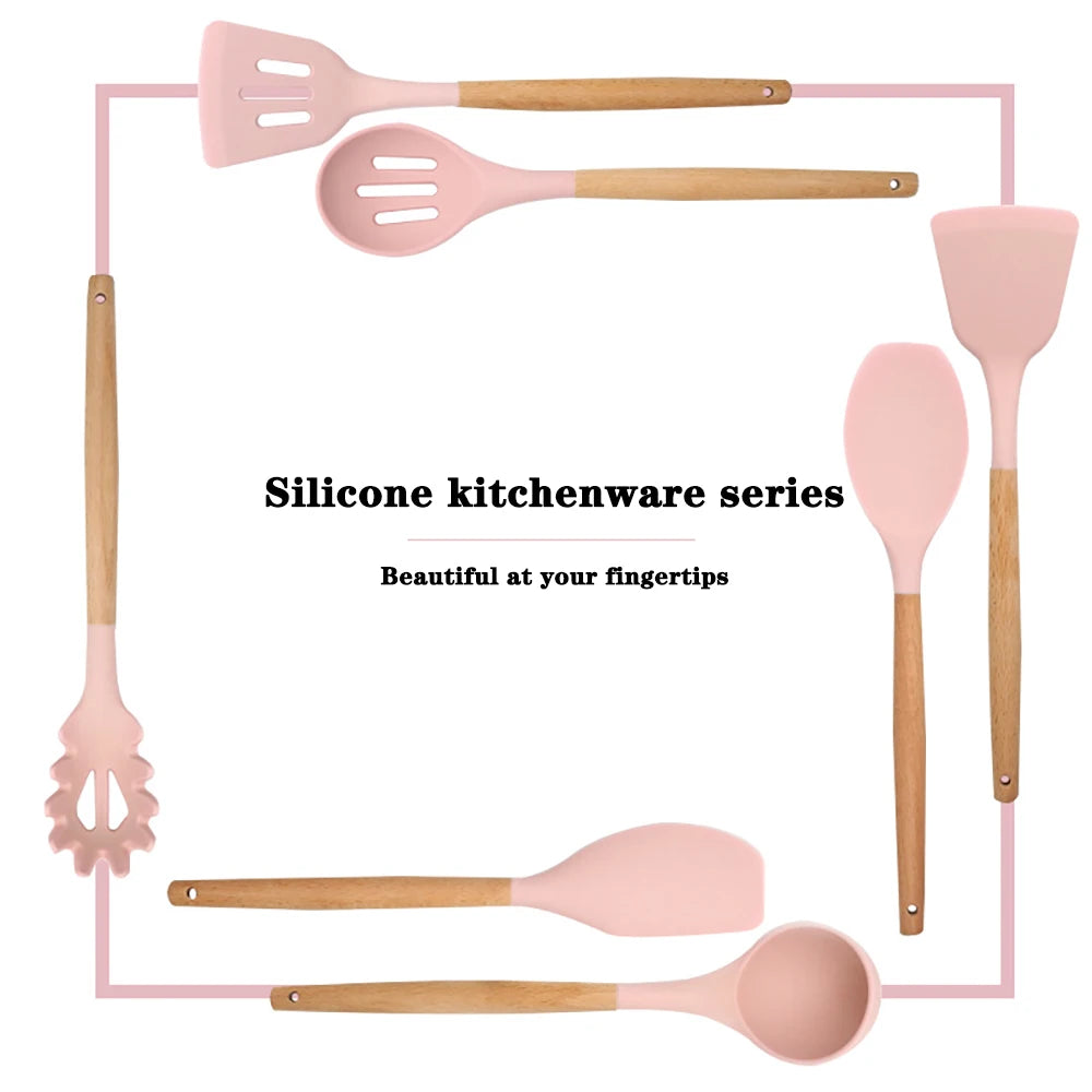 Silicone Cooking Utensils Set with Wooden Handles (12-Piece)