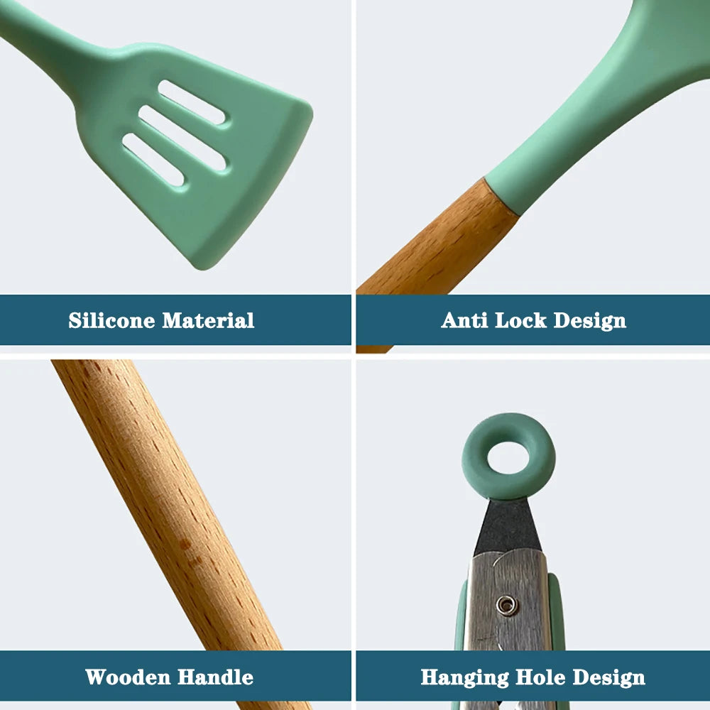 Silicone Cooking Utensils Set with Wooden Handles (12-Piece)