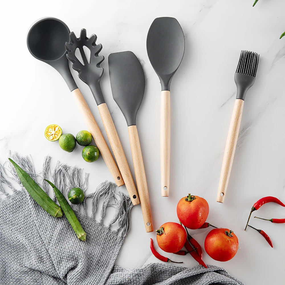 Silicone Cooking Utensils Set with Wooden Handles (12-Piece)