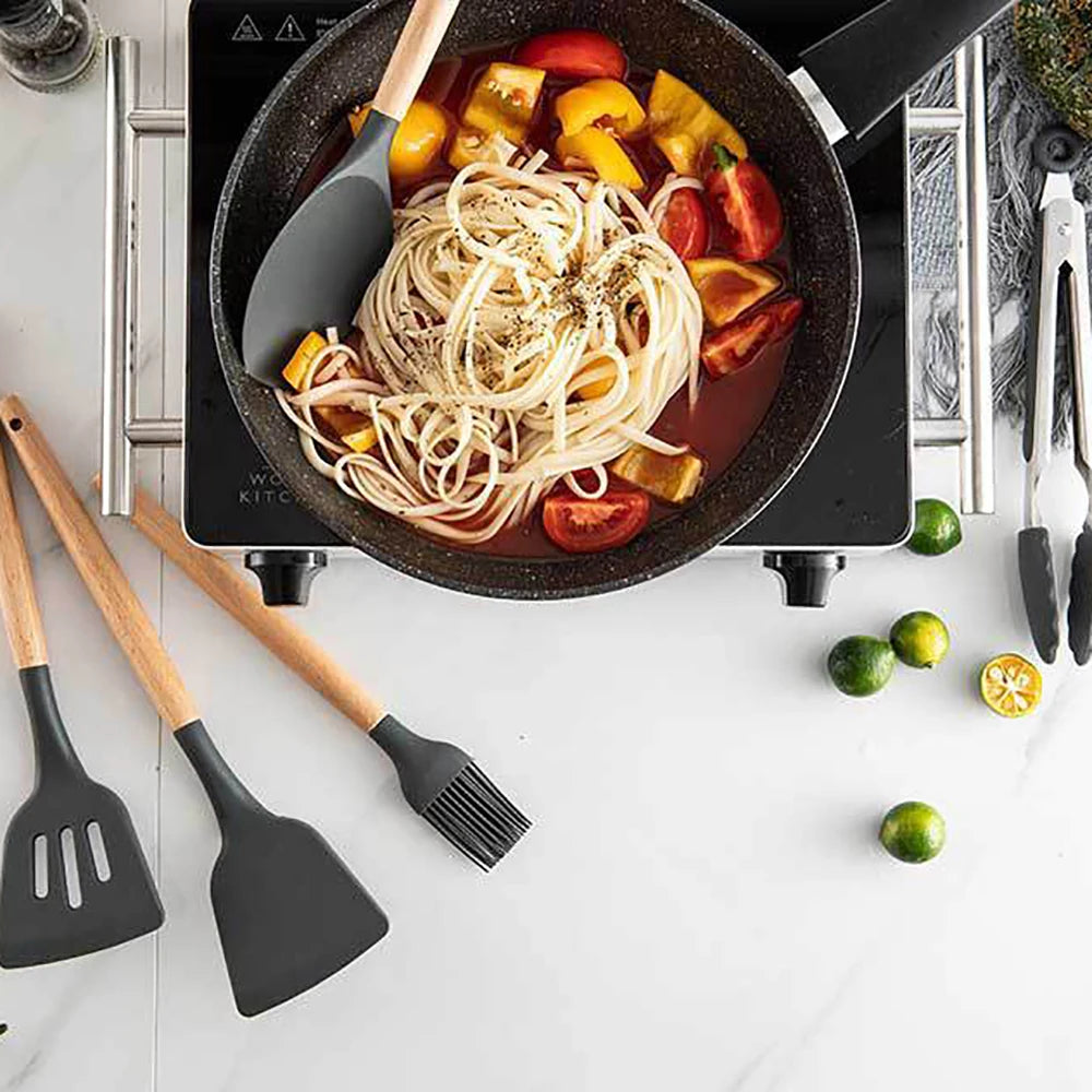 Silicone Cooking Utensils Set with Wooden Handles (12-Piece)