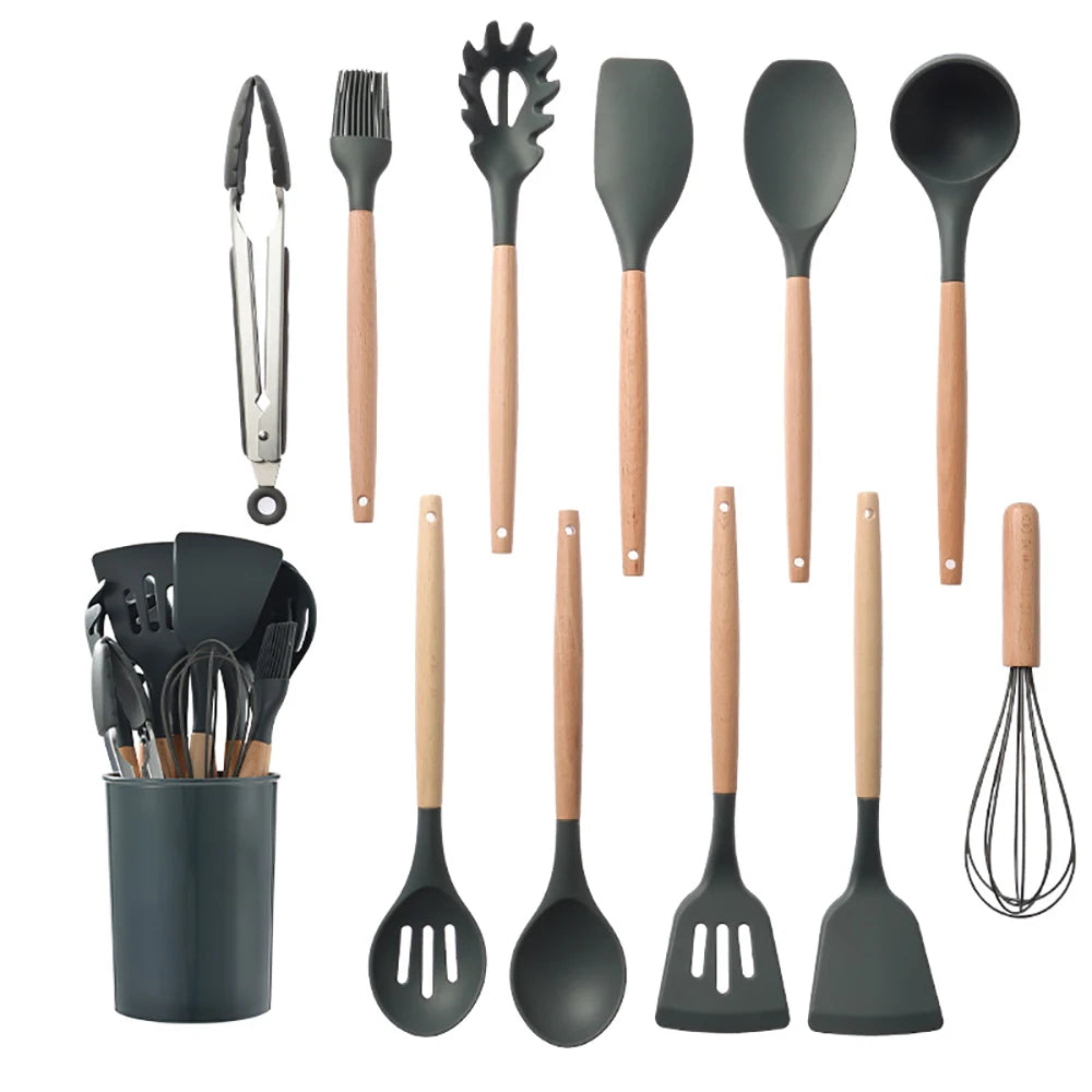 Silicone Cooking Utensils Set with Wooden Handles (12-Piece)